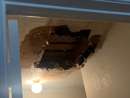 Ceiling leak large opening — emergency tarping in Katy & Greater Houston